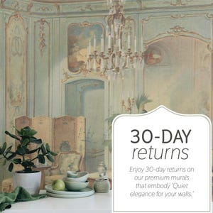 May include: A room scene featuring a vintage mural in soft blue and cream tones. A chandelier hangs from the ceiling. A white table displays a plant, dishes, and a green cloth. Text on the right says "30-DAY returns".