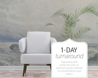 Stormy Sea View Wall Mural, Ethereal Overcast Horizon, Peel & Stick Wallpaper
