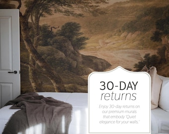 Könnte beinhalten: Ein Schlafzimmer mit einem Landschaftsmural in Braun- und Grüntönen. Ein weißes Bett mit Kissen und einer braunen Decke befindet sich vor dem Wandbild. Der Text "30-DAY returns" wird angezeigt.