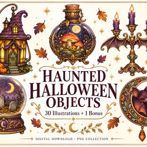 May include: A collection of digital illustrations titled HAUNTED HALLOWEEN OBJECTS, featuring a purple witch house, a mushroom terrarium, a bat-winged candelabra, a graveyard snow globe, and two bats on a crescent moon, surrounded by autumn leaves.