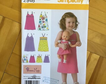 Simplicity 2946 Toddler Dress Paper Pattern, Doll Dress, Tie Sundress, Halter Dress, New UNCUT, Factory Folded, Size A (1/2-1-2-3-4), 2008