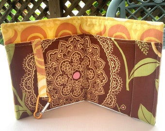 Brown Yellow Floral Purse Organizer, Flat Purse Insert 10" Long, Padded Bag Insert, Handbag Organizer, Tote Bag Organizer, Bridesmaid Gift