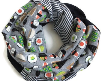 Foulard infini 'Sushis', foulard femme, foulard infini adulte tricot coton, tour de cou, accessoire mode écharpe printemps gris noir blanc