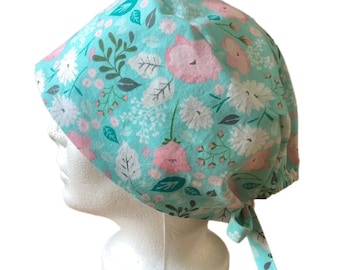 Mint Floral Scrub Hat for Women, Adjustable Scrub Cap, Cotton Scrubs, Surgical Scrub Hat, Dentist Scrub Cap, Nurse Gift, Veterinarian Gift