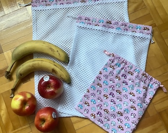 Zero Waste Mushroom Fruit Bags + Carrying Pouch, Starting Kit 3 pcs Gift set, Mesh Reusable Produce Bags, Net Grocery Bags, Vegetable Bags