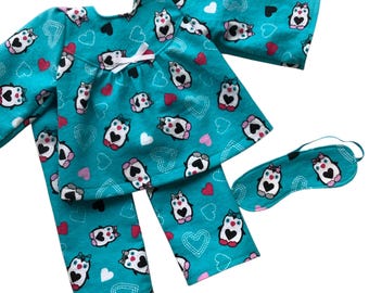 Doll Pajama and Sleep Mask Set, Fit 19" Bamboletta Forever Friend – Handmade Flannel Doll PJ, Blue doll Jammies, Waldorf Doll Clothes