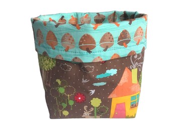 Cute Rural Scene Fabric Bin, Yarn Cake Bowl, Yarn Skein Holder, Small Fabric Basket, Reversible Storage Bin, Fabric Plant Cover, Cuff Basket