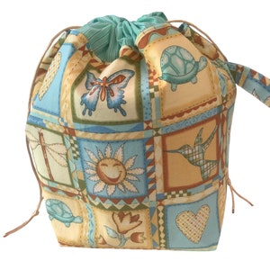 Pastel Drawstring Project Bag with Wristlet - Great for Knitting on the Go! Cotton Lined Pouch, Handmade Knitters Gift - DUTY FREE to USA