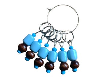 Blue And Brown Beaded Sticth Markers, Knitting Stitch Markers Set, Knitting Marker Rings, Gift Set of 6 Stitch Markers, Gift for Knitters