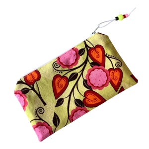 Jolie Pochette Zippée Fleurs et Coeurs - Petit Sac pour Accessoires Tricot, Crochet, Couture, Porte-Monnaie, Pochette Coton Fermeture-Éclair