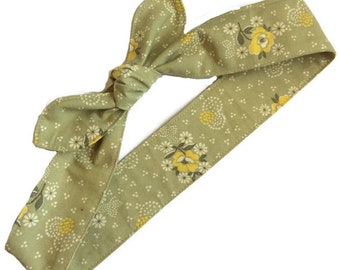 Yellow Tie Up Headband, Knotted Headscarf for Women, Floral Headscarf, Purse Scarf, Ponytail Scarf, Rockabilly Self Tie, Headband That Ties