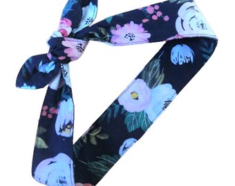 Navy Floral Headband, Knotted Headscarf for Women, Tie Up Headband, Purse Scarf, Ponytail Scarf, Rockabilly Self Tie Head Band, Gift for Her