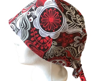 Red Black White Floral Scrub Cap, Women Scrub Hat, Surgeon Scrub Cap, Surgical Scrub Hat, Dentist Scrub Cap, Nurse Gift, Veterinarian Cap