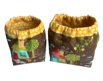 Brown Yellow Rural Scene Cake Wrapper Small or Large, Fabric Yarn Bags. Cloth Yarn Ball Bowl, Yarn Cake Holders, Yarn Cake Cozie, Fabric Bin