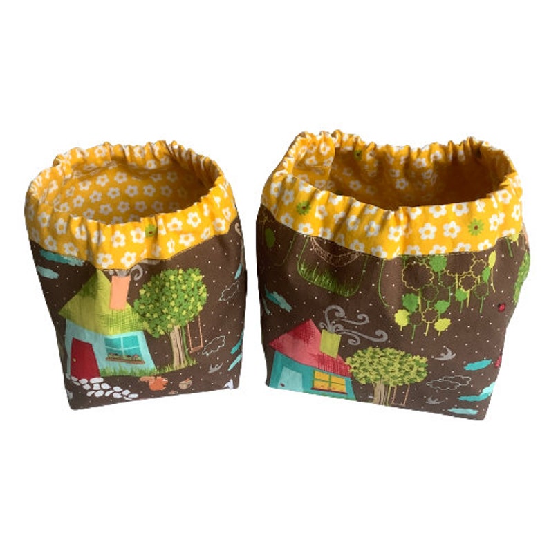 Brown Yellow Rural Scene Cake Wrapper Small or Large, Fabric Yarn Bags. Cloth Yarn Ball Bowl, Yarn Cake Holders, Yarn Cake Cozie, Fabric Bin Small + Large