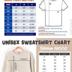 May include: Size chart for Gildan men's short sleeve t-shirts and unisex sweatshirts. The chart shows sizes from small to 5XL with corresponding chest and sleeve measurements in inches.