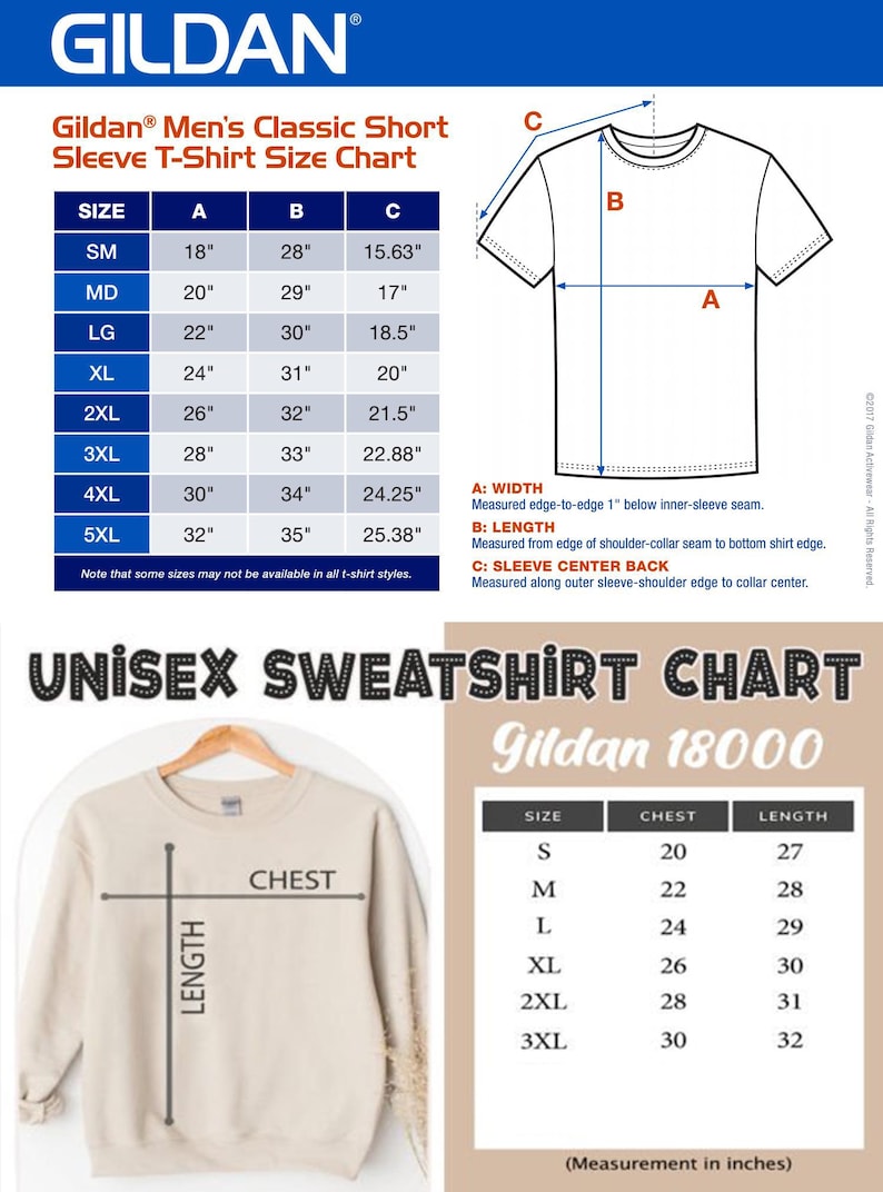 May include: Size chart for Gildan men's short sleeve t-shirts and unisex sweatshirts. The chart shows sizes from small to 5XL with corresponding chest and sleeve measurements in inches.