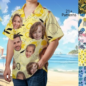 Op de afbeelding: Een geel overhemd met knopen en een citroenprint met daarop meerdere gezichten. Het overhemd heeft een kraag en korte mouwen. De tekst "21+ Patterns" is zichtbaar in de afbeelding.