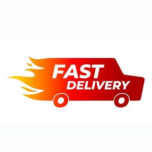 May include: A red and orange graphic of a delivery truck with the words "FAST DELIVERY" in white. The truck has two wheels and flames coming from the back, suggesting speed and efficiency.