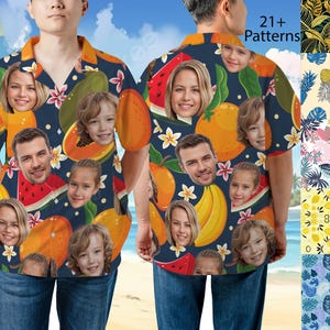 May include: Two people wearing blue and white short-sleeved shirts with a variety of fruit and face patterns. The text "21+ Patterns" is visible on the right side of the image.