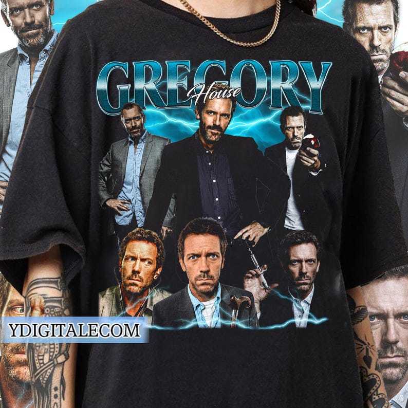 May include: Black t-shirt with a graphic print of the TV show "House" featuring the main character Gregory House and other characters from the show. The text "Gregory House" is printed in white on the shirt.