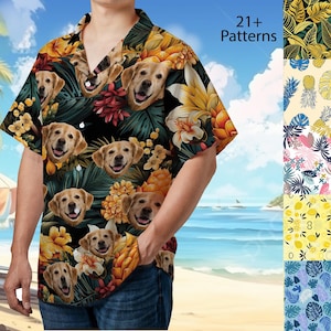 Personalized Dog Face Hawaiian Shirt, Custom Pet Portrait Beach Outfit, Dog/Cat/Lover Face Shirt, Vacation Tropical Pattern Shirt for Family