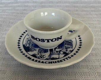 Vintage Boston Massachusetts Souvenir Mini Cup and Saucer Set, Blue and White Ceramic Memorabilia, Historical New England Collector Tea Cup