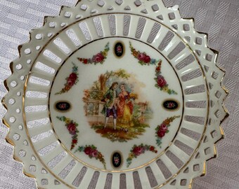 Vintage German Reticulated Porcelain Plate, Courting Couple Pierced Lace Border Trinket Dish, Fragonard Rococo Style Gold Gilt Cabinet Plate