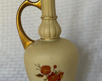 Antique Royal Rudolstadt Prussian Porcelain Ewer Vase, Hand Painted Floral Pitcher, 19th Century Gold Gilt Matte Cream Art Nouveau Home Deco