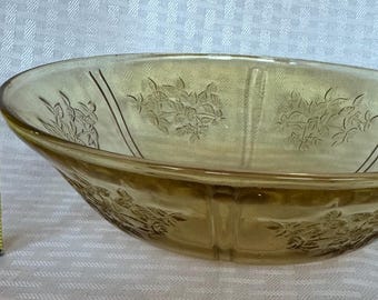 Bol de cristal ámbar vintage de la época de la Gran Depresión – Bol para servir con grabado floral de la década de 1940, 21,5 cm (8,5 pulgadas)