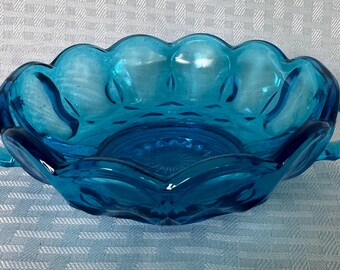 Vintage Anchor Hocking Fairfield Laser Blue Glass Bowl, Double Handled Scalloped Nappy Dish, Turquoise Aqua Blue Mid Century Candy bowl
