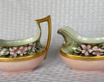 Antique Hand Painted Porcelain Sugar and Creamer Set, Pink Floral Bavarian Tea Service, Gold Gilt Handles, Victorian Cottagecore Decor