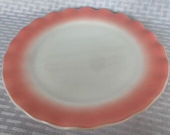Vintage Hazel Atlas Crinoline Pink Ripple 9" Dinner Plate, Mid Century Modern Milk Glass, Scalloped Edge Pink Border, 1950s Kitchenware
