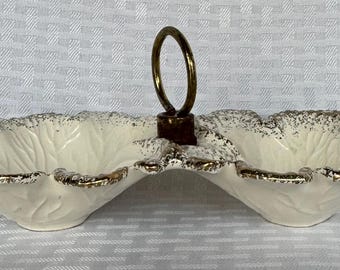 Vintage USA Pottery Double Bowl with Gold Trim Handle | Mid Century Leaf Tidbit Dish | Farmhouse Candy Nut Server
