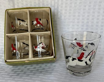 Vintage Libbey Tally Ho Shot Glass Set, Boxed 1950s Fox Hunt Equestrian Barware, Mid Century Horse and Rider Jiggers/High-ball glass.