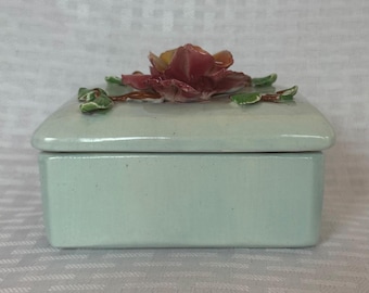 Vintage Johannes Brahm Handmade Floramic Trinket Box, MCM Celadon Green Ceramic Jewelry Box with 3D Red Rose