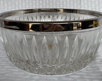Vintage Leonard Lead Crystal Bowl with Silver Plated Rim, 9" Large Cut Glass Fruit Bowl, Mid Century Modern Crystal Centerpiece.