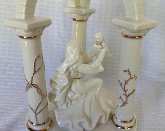 Majestic Porcelain Madonna and Child Statue - Vintage White & Gold Virgin Mary with Baby Jesus Figurine under Arches - Christmas Nativity