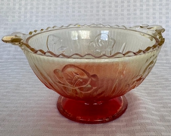 Vintage Jeannette Amberina Iris and Herringbone Glass Bowl, Red Yellow Flashed Footed Candy Dish with Handles, 1960s Mid Century Home Decor