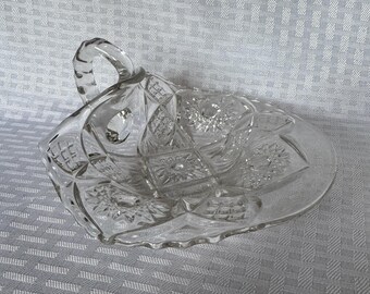 Vintage Clear Pressed Glass Handled Nappy Dish, Antique Starburst Diamond Candy Bowl, Heart Leaf Shaped Relish Dish, EAPG Glass Catchall