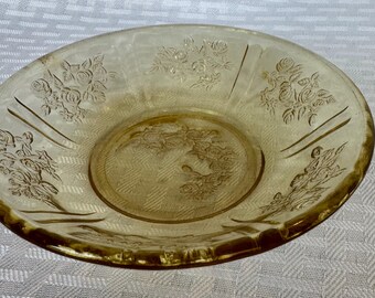 Vintage Amber Depression Glass Berry Bowl – Floral Etched, 1940s Kitchenware