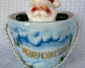 Vintage Santa Claus Ceramic Christmas Bucket | Kitschy Mid-Century Planter & Candy Dish | Hand-Painted "Merry Christmas" Holiday Decor