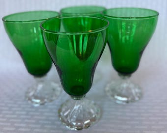 4 Vintage Emerald Green Wine Goblets with Clear Stems: Retro Barware