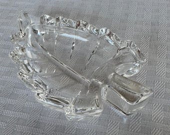 Vintage 24% Lead Crystal Leaf Trinket Dish | Mid-Century Style Clear Glass Candy Bowl | Made in Yugoslavia Ring Holder.
