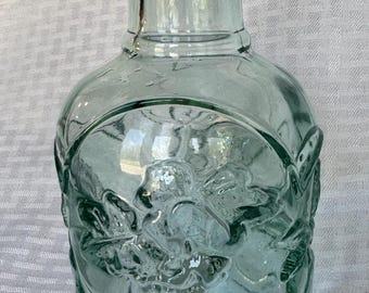 Vintage Libbey Canada Green Glass Decanter Bottle, 1970s Orchard Fruit Embossed Carafe with Cork, Retro Kitchen Decor Collectible Juice Jug