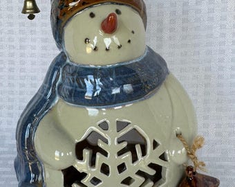 Ceramic Snowman Tealight Candle Holder | Vintage Kohl's Holiday Decor | 8.5" Christmas Snowman Figurine with Star Cutouts, Scarf, and Bell