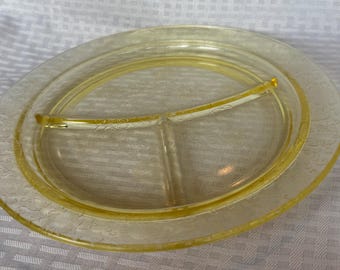 Vintage Yellow Depression Glass Divided Relish Plate