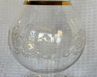 Vintage Mid-Century Crystal Hurricane Candle Holder with Gold Trim, Etched Glass Hourglass Vase, Footed Floral Candle Enclosure
