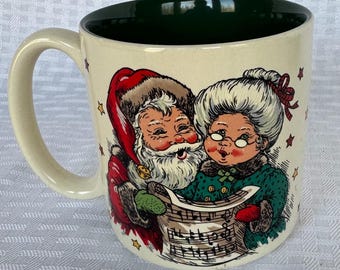 Vintage 1993 Christmas Santa & Mrs. Claus Singing Mug, Creative Concepts Holiday Coffee Cup, Green Interior Cream Ceramic, Retro Xmas Decor
