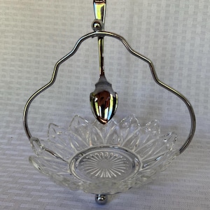 Vintage Glass Jam Jelly Dish with Chrome Stand and Hanging Spoon, Mid Century Relish Condiment Serving Set, Federal Glass Petal Mint Caddy